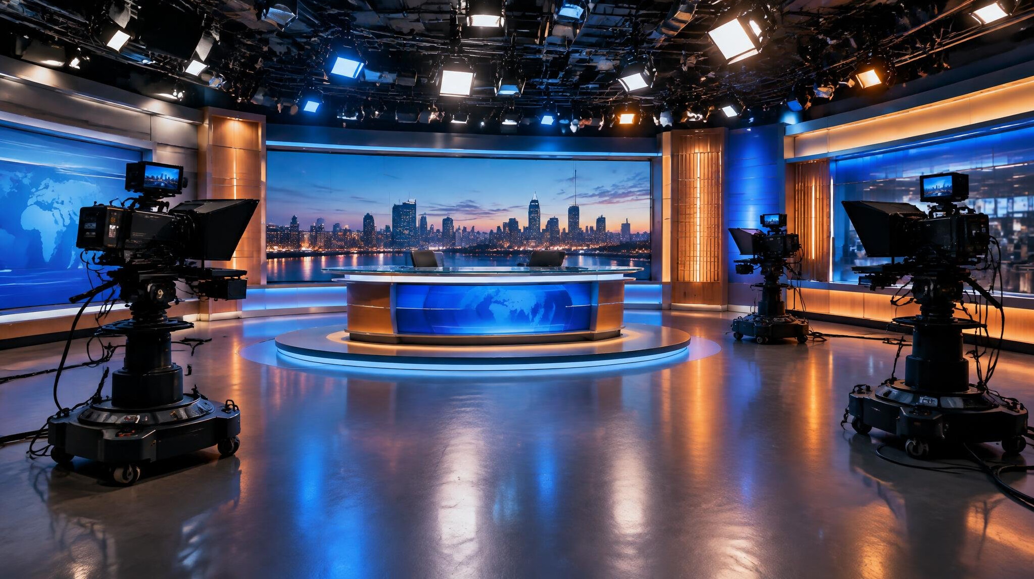 Wide shot of a fully rigged television studio floor with lighting grid and cameras