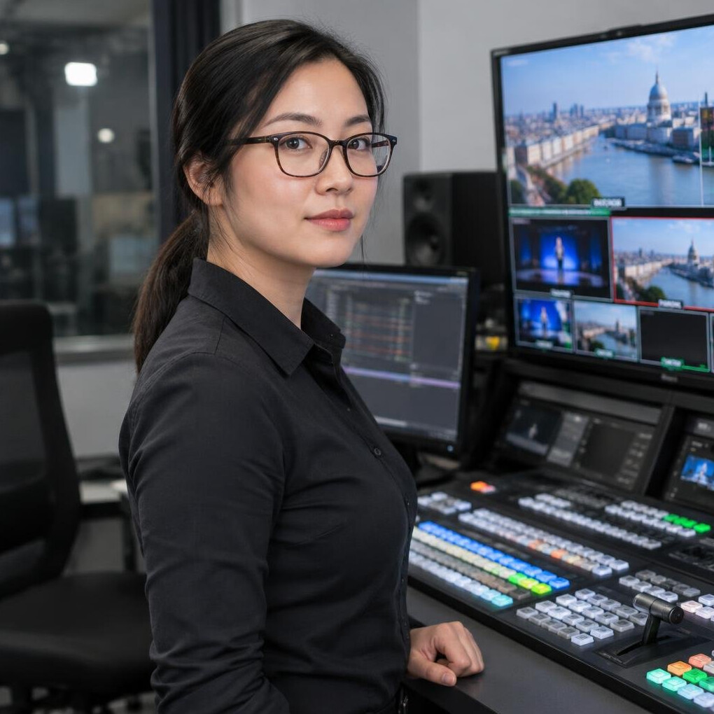 Technical director portrait beside a vision mixing desk