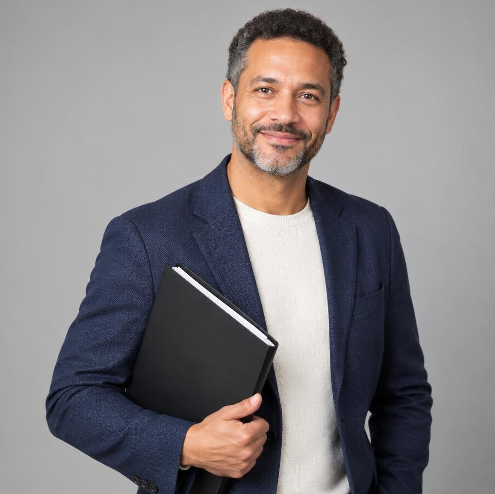 Broadcast producer portrait holding a script folder