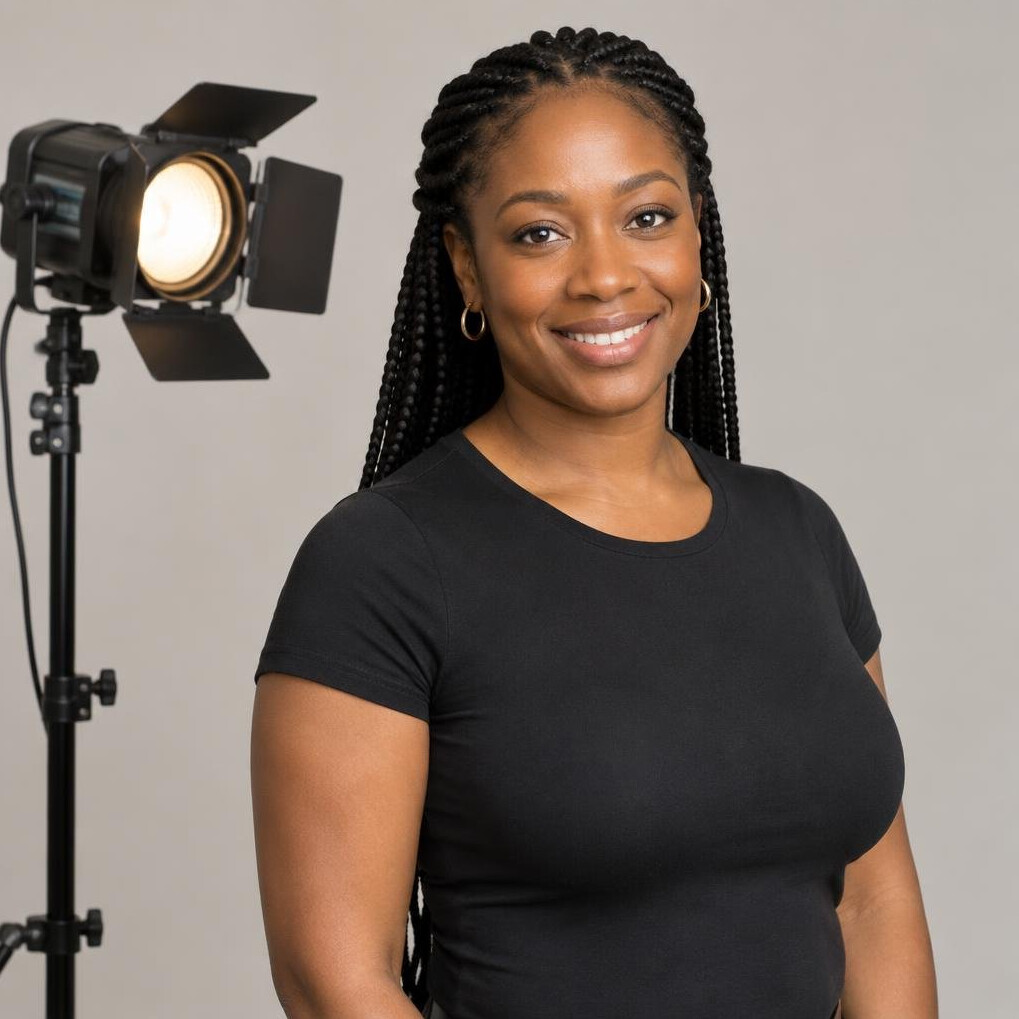 Head of lighting portrait holding a studio light fixture
