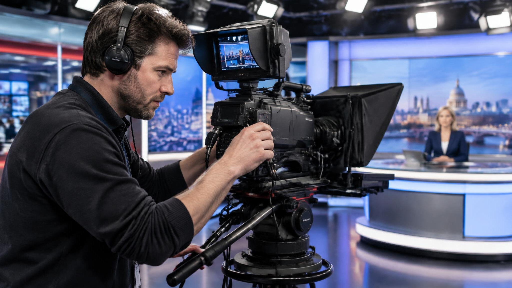 Camera operator adjusting a broadcast camera on a television news set